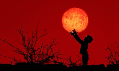 Obraz premium Silhouetted child reaching for a large, blood-red moon during twilight.