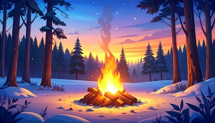 Cozy campfire in a snowy forest at dusk