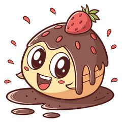 Adorable cartoon character of a smiling pancake covered in chocolate syrup and topped with a strawberry with chocolate splashes around it perfect for food and dessert themes