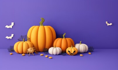 Halloween pumpkins, bats, and autumnal decorations arranged against a purple background.