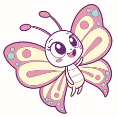 Adorable cartoon butterfly with large expressive eyes and colorful wings waving hello in a friendly and cheerful manner perfect for children s illustrations and designs