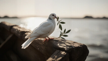 Obraz premium 나뭇가지를 문 비둘기와 평화의 상징적인 장면