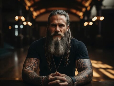 Strong man with tattoos and long beard poses in dimly lit room with vintage decor