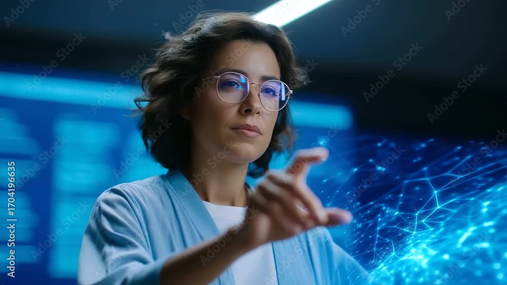 Poster teacher lectures on ai with futuristic holographic interface and data visualization teaching diverse