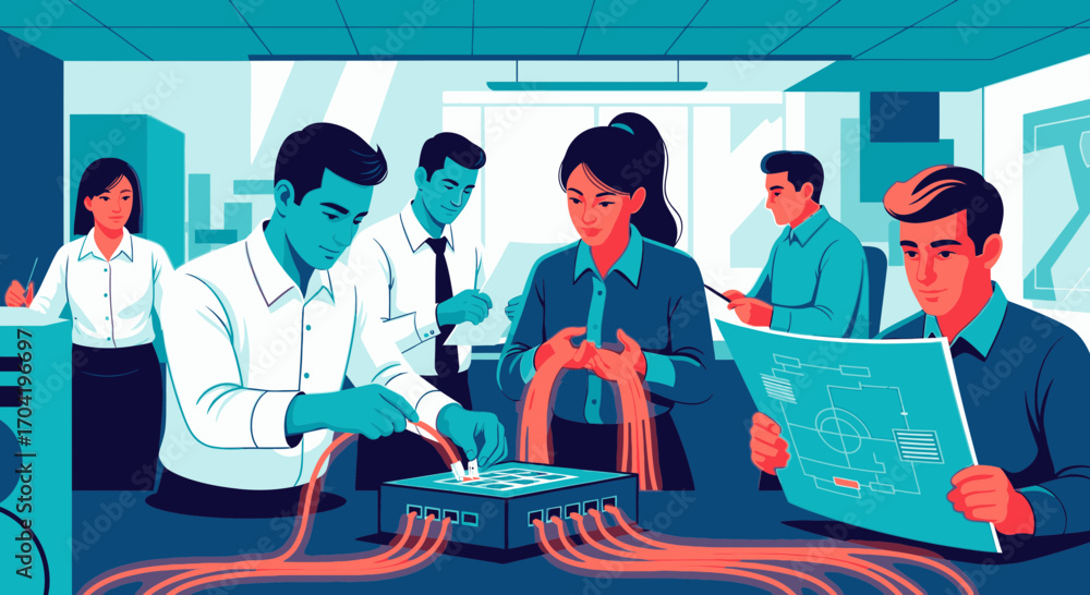 Poster A team of engineers and technicians collaborating on a complex network hardware setup in a modern office environment.