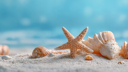 Seashells and starfish on a sandy beach isolated on ultra quality image 8k resilution beach blue pastel background