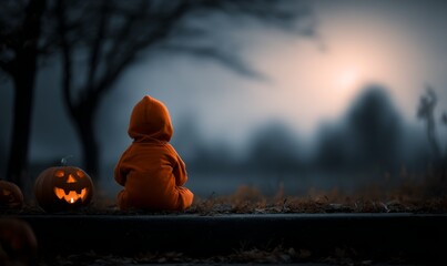 Lonely child in Halloween costume sits by glowing pumpkins, watching a misty sunset.