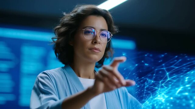 Teacher lectures on AI with futuristic holographic interface and data visualization teaching diverse students in a modern classroom with interactive presentation highlighting - Powered by Adobe