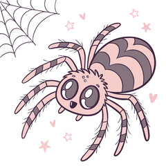 Adorable cartoon spider with big eyes and striped legs surrounded by a spiderweb hearts and stars perfect for halloween or children s designs