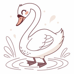 Adorable cartoon white swan with closed eyes and blush cheeks walking in water with gentle ripples and splashes perfect for children s illustrations and designs