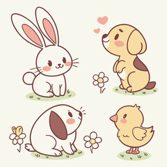 Adorable kawaii style illustration of a cute white bunny a yellow puppy a small yellow chick and a white puppy with brown ears sitting in a field with flowers and hearts