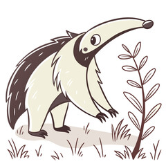Cute cartoon badger with distinctive black and white markings standing in a grassy field next to a small plant rendered in a simple charming illustration style
