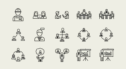 Set of modern thin line icons depicting business management, corporate teamwork, communication, and organizational structure concepts