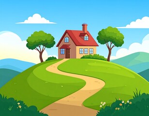 Cartoonish home on a hill, sunny landscape