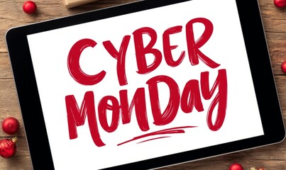 Cyber Monday sale announcement displayed on a tablet, surrounded by festive decorations.