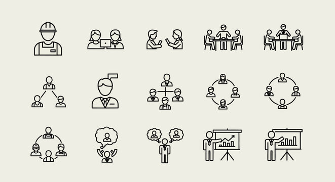 Set of modern thin line icons depicting business management, corporate teamwork, communication, and organizational structure concepts