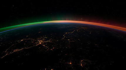 Fototapeta premium The image captures a high-altitude orbital view of Earth's curved horizon at twilight, highlighting the color gradient and horizon curvature without any spacecraft or clouds.