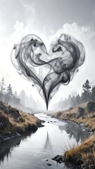 Misty heart-shaped smoke over a stream
