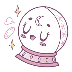 Cute kawaii crystal ball character with moon face and stars illustration for mystical and fortune telling themes