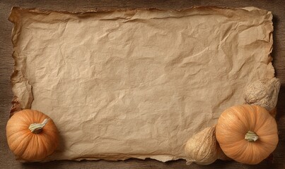 Aged parchment paper framed by small pumpkins and gourds.