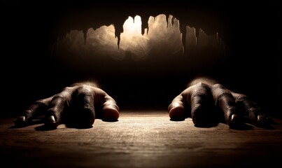Dark, shadowy hands reach out from darkness towards a light source behind a cave-like wall.