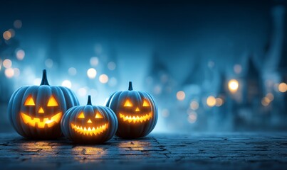 Glowing jack-o'-lanterns on a misty Halloween night, illuminated against a blurred background of lights.
