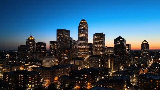 Beautiful city skyline at dusk with glowing lights gradually turning on, cinematic urban landscape with evening atmosphere