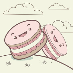 Two adorable kawaii macarons with happy smiling faces and rosy cheeks resting on a grassy hill under a cloudy sky in a charming cartoon illustration style