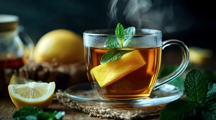 Hot Lemon Mint Tea on Wooden Tray