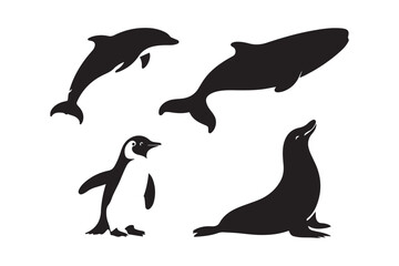 Silhouettes of marine animals on white background