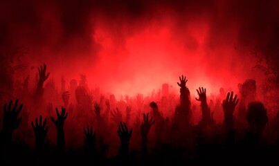 Silhouetted figures reach upward amidst a fiery, ominous red haze.
