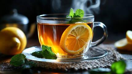 Hot Lemon Mint Tea on Wooden Tray