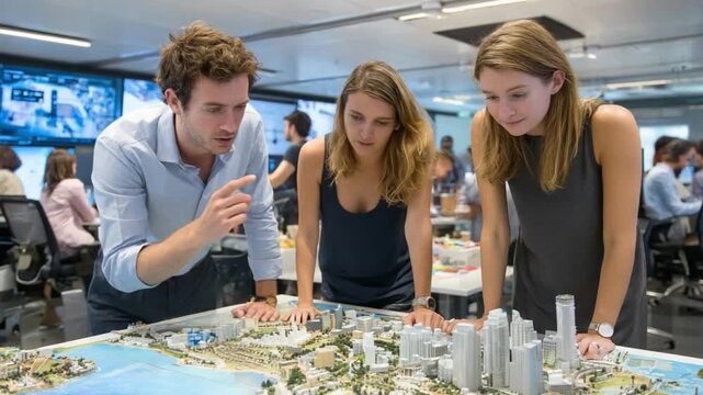 Architectural Vision: Three young architects gather around a meticulously crafted scale model, immersed in a dynamic discussion, signifying collaborative project.