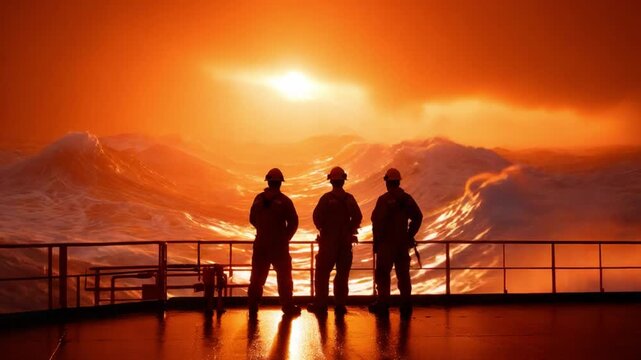 The Watchful Guardians: Silhouetted figures stand vigil, framed against a dramatic backdrop of a stormy sea under a fiery sunset.