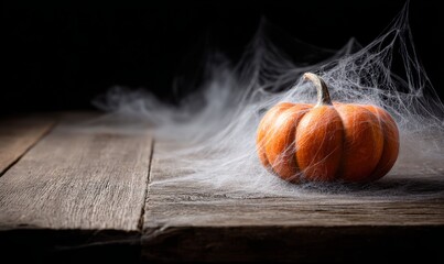 A small orange pumpkin rests on a rustic wooden table, partially obscured by a wispy spiderweb.