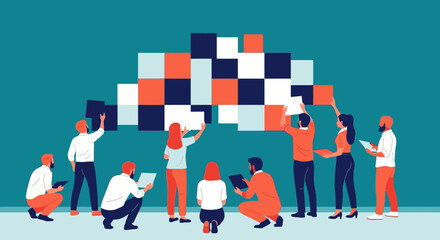 A diverse team of professionals collaborating to build a large mosaic structure from colorful blocks.