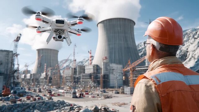 Drone's Eye View: An engineer in a safety helmet surveys a high-tech drone, as it captures the intricacies of a modern industrial power plant. This scene fuses precision with innovation.