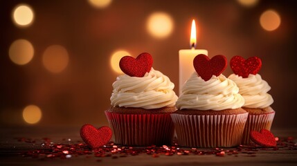 Cupcakes with hearts and candlelight