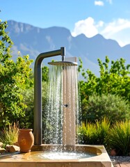 Outdoor shower with flowing water, mountain backdrop