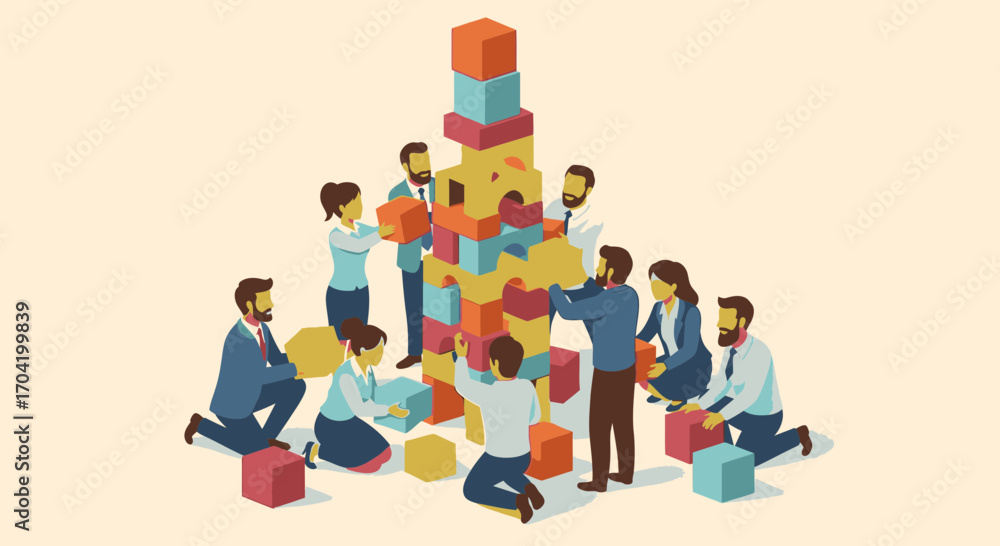 Poster a diverse team of business professionals collaborates to build a tall tower of colorful blocks, symb