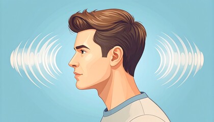 Profile view of a man with sound waves emanating from his head