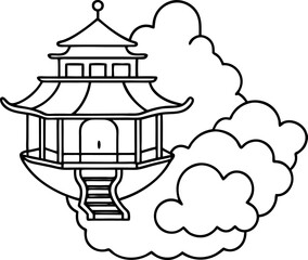 Tiny Floating Teahouse with Swirling Bridges Above, Fantasy Architecture Vector Illustration, Minimalist Eco Pavilion Design, Black Silhouette of Floating Tea House with Curved Bridges