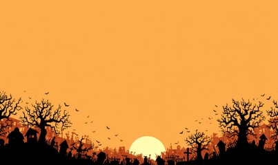 Silhouette of a graveyard at sunset, bats flying, Halloween theme.