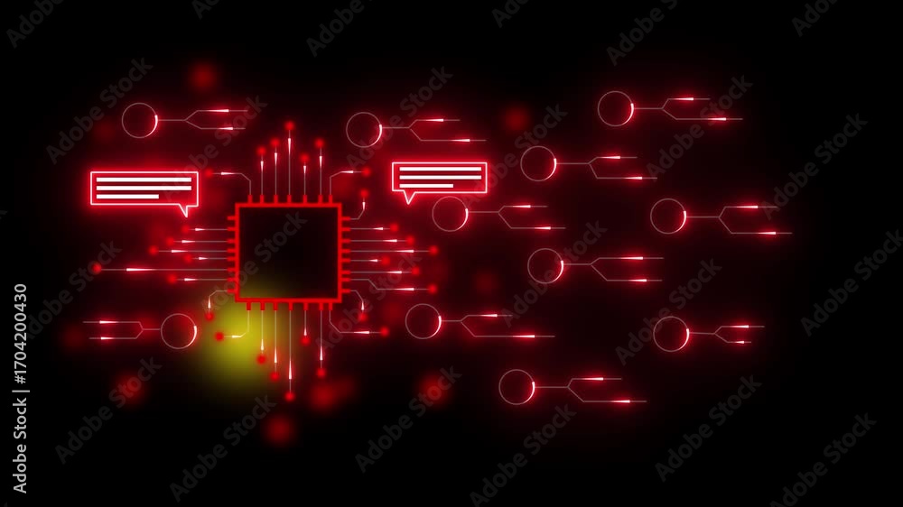 Poster glowing red circuit board with central processor and communication icons technology. futuristic circ