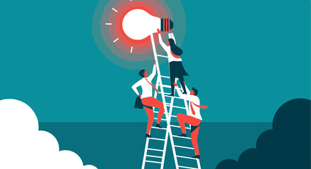 Illustration of a team climbing a ladder together to reach a glowing lightbulb, symbolizing innovation and collaboration.