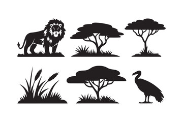 African wildlife silhouettes against white background