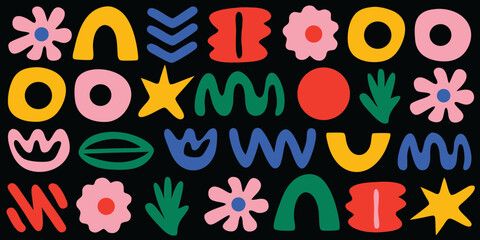 Abstract colorful shapes and patterns on a black background modern graphic design