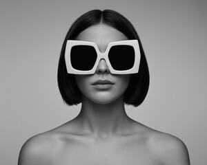 Woman in Futuristic White Oversized Sunglasses fashion
