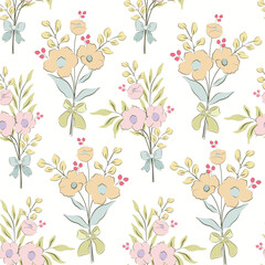 Pink Orange floral bow seamless pattern. Summer coquette print with cute hand drawn bouquets. flowers, leaves, bow knots, ribbons. wedding decoration, fabric, wallpaper, textile design, pastel