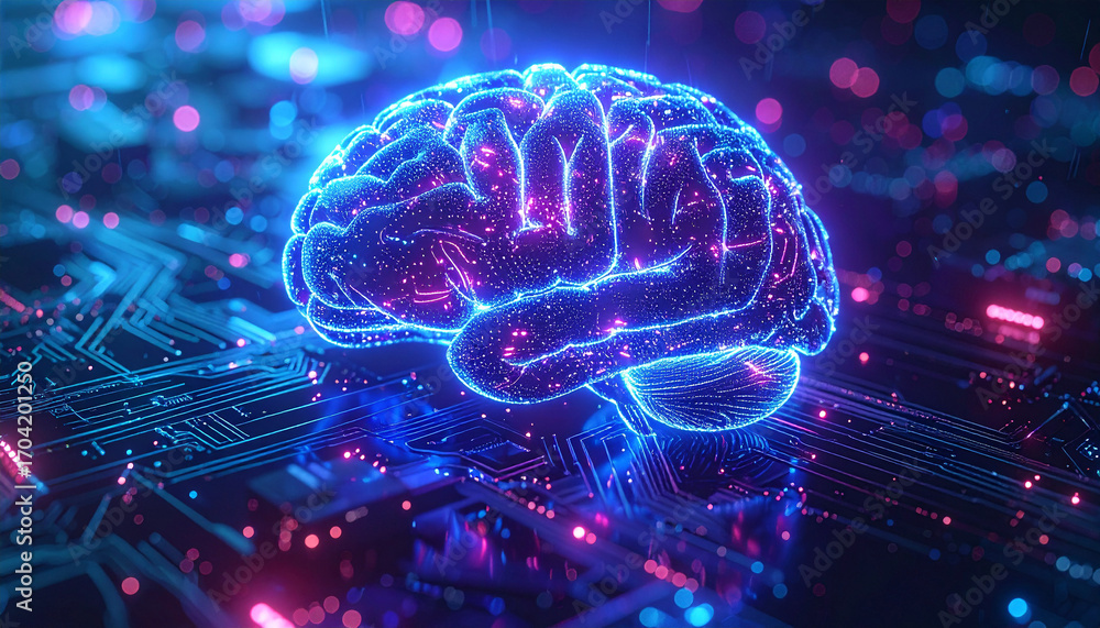 Poster digital brain: a luminous, 3d-rendered brain, symbolizing the intersection of technology and intelli